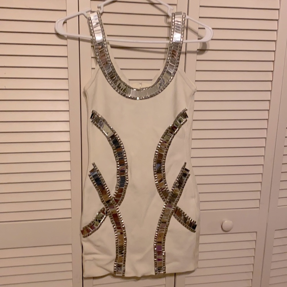 Marciano Ivory White with Silver Details Small Mini Bandage Dress